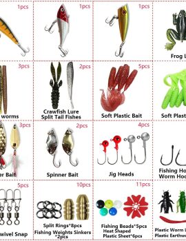 Fishing Lures Kit Set, Baits Tackle Including Crankbaits, Topwater Lures, Spinnerbaits, Worms, Jigs, Hooks, Tackle Box and More Fishing Gear Lures for Bass Trout