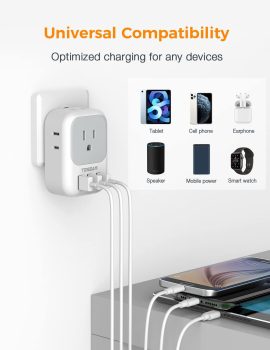 USB Charger Block, TESSAN Wall Plug Adapter with Electrical 4 Box Splitter 3 USB Wall Charger Ports, Multi Plug Outlet Extender Charging for Cruise, Travel, Office, Dorm Essentials