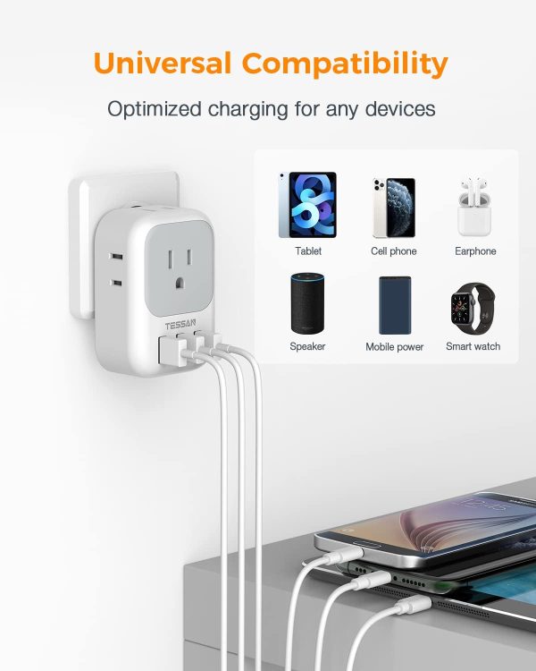 USB Charger Block, TESSAN Wall Plug Adapter with Electrical 4 Box Splitter 3 USB Wall Charger Ports, Multi Plug Outlet Extender Charging for Cruise, Travel, Office, Dorm Essentials - Image 2