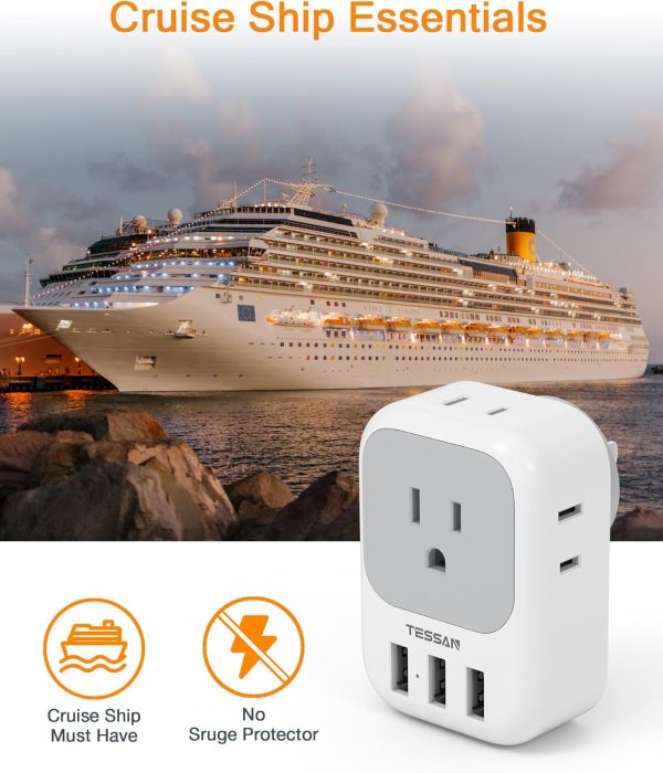 USB Charger Block, TESSAN Wall Plug Adapter with Electrical 4 Box Splitter 3 USB Wall Charger Ports, Multi Plug Outlet Extender Charging for Cruise, Travel, Office, Dorm Essentials - Image 4