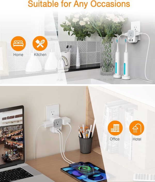 USB Charger Block, TESSAN Wall Plug Adapter with Electrical 4 Box Splitter 3 USB Wall Charger Ports, Multi Plug Outlet Extender Charging for Cruise, Travel, Office, Dorm Essentials - Image 6